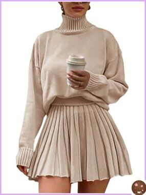 Women's 2 Piece Turtleneck Sweater Set with Pleated Mini Skirt Long Sleeve Knit